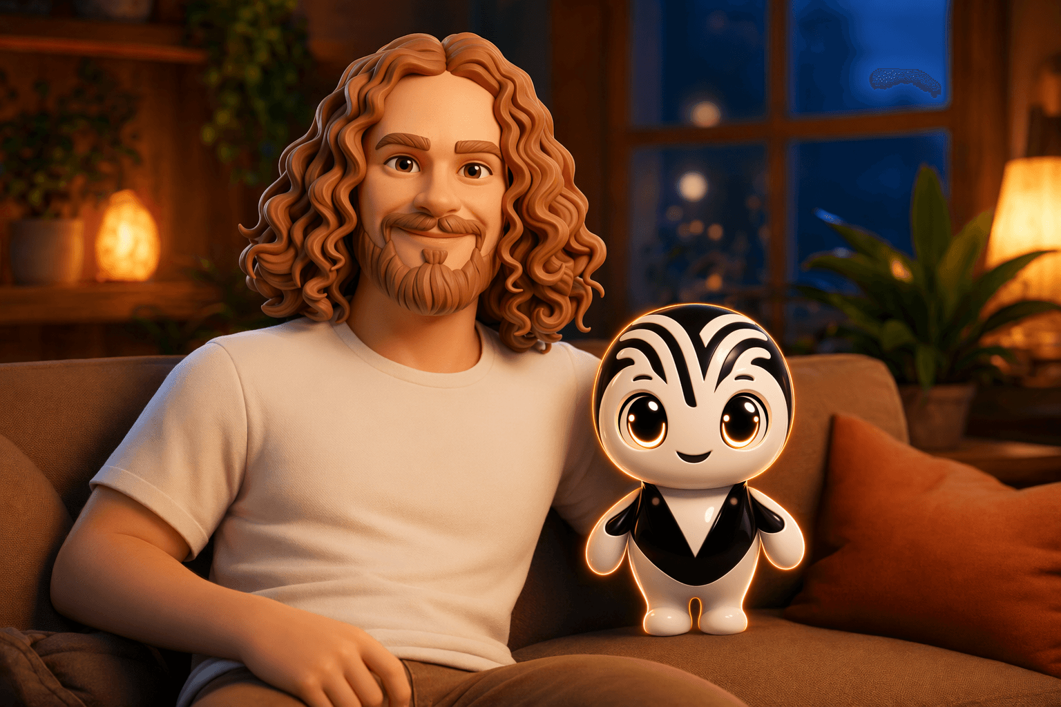 Victor et la mascotte The Vibe Company dans une ambiance cosy