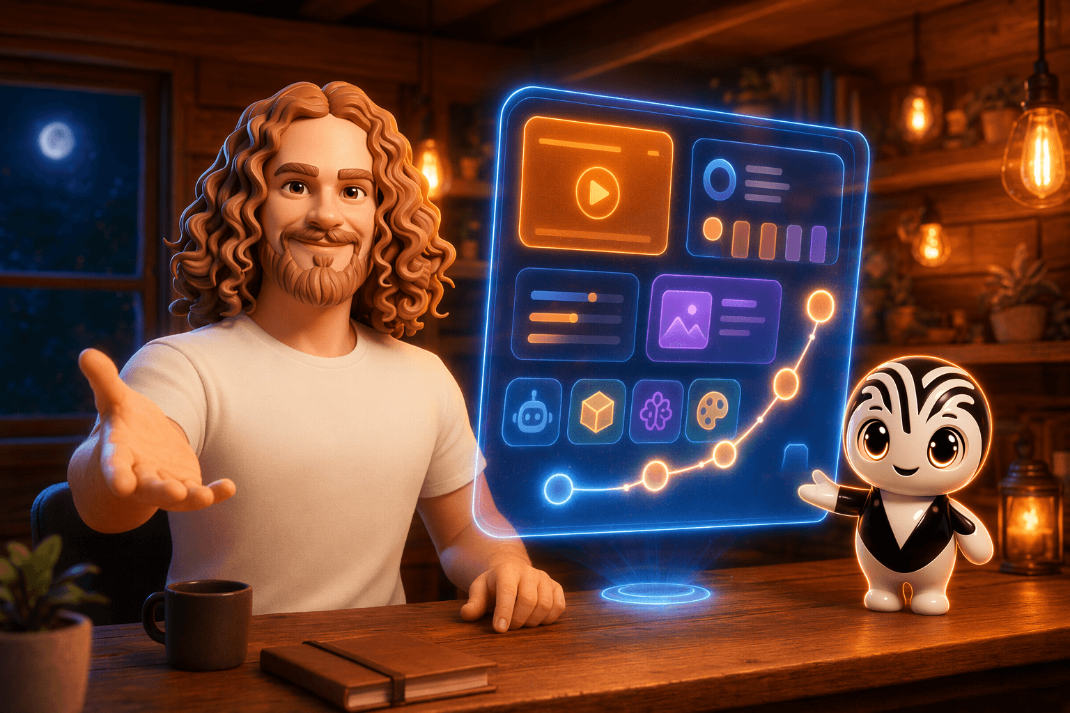 Victor en train de builder son site avec la mascotte The Vibe Company